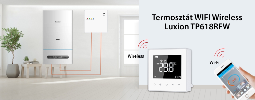 Luxion TP618RFW Wi-Fi Intelligens termosztát Vevővel Gáz- vagy Elektromos kazánhoz, LCD kijelzővel, Memóriával, Alexa, Google, Smart Life alkalmazással, Fehér