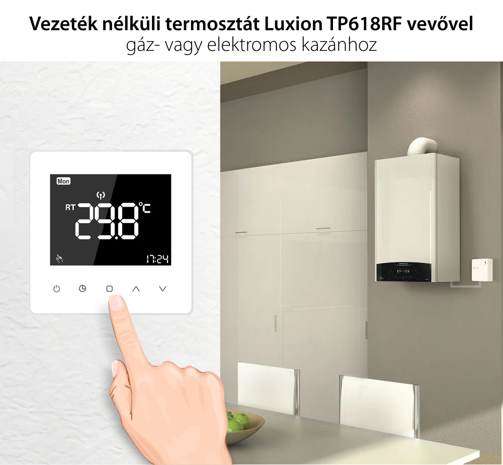 Luxion TP618RF Termosztát RF Vevővel Gáz- vagy Elektromos kazánokhoz, LCD kijelzővel, Memóriával, Fehér