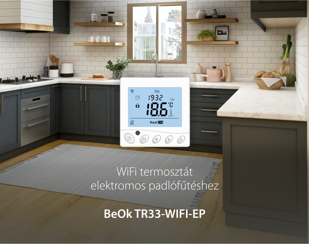 BeOk Wi-Fi Okos Termosztát TR33-WIFI-EP, Elektromos padlófűtéshez, LCD Kijelző, Alkalmazás vezérlés
