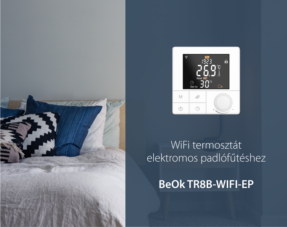 BeOk Wi-Fi Termosztát TR8B-WIFI-EP, Elektromos padlófűtéshez, LCD Kijelző, Alkalmazás vezérlés, Hőmérséklet-érzékelő