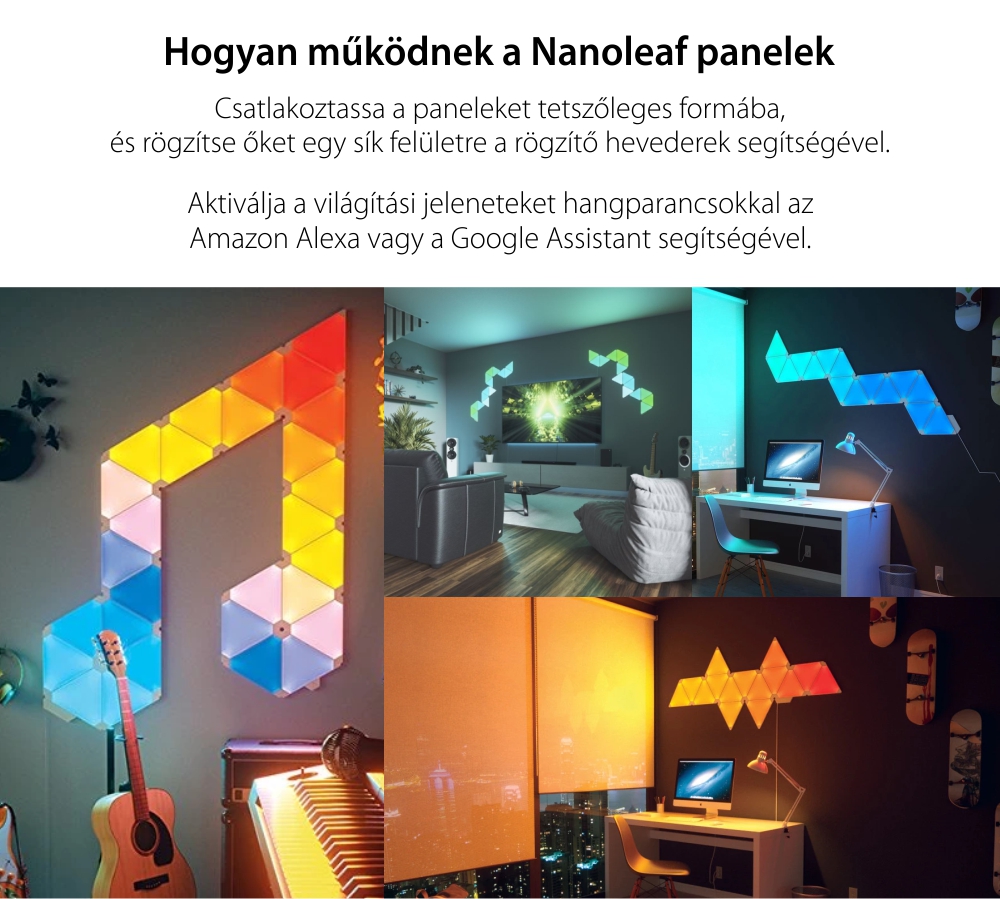 Nanoleaf Shapes Triangles Fénypanel Intelligens Készlet 15 Db, Háromszög alakú, RGBW LED világítás, Zeneérzékelő, 2,5 m kábel, Kompatibilis a hangsegédekkel