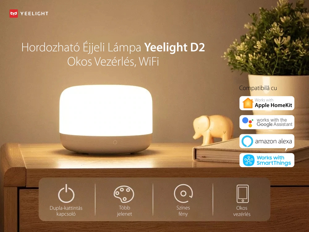 Hordozható Éjszakai Lámpa Yeelight D2, Fehér, Intelligens, Bluetooth, Színbeállítás